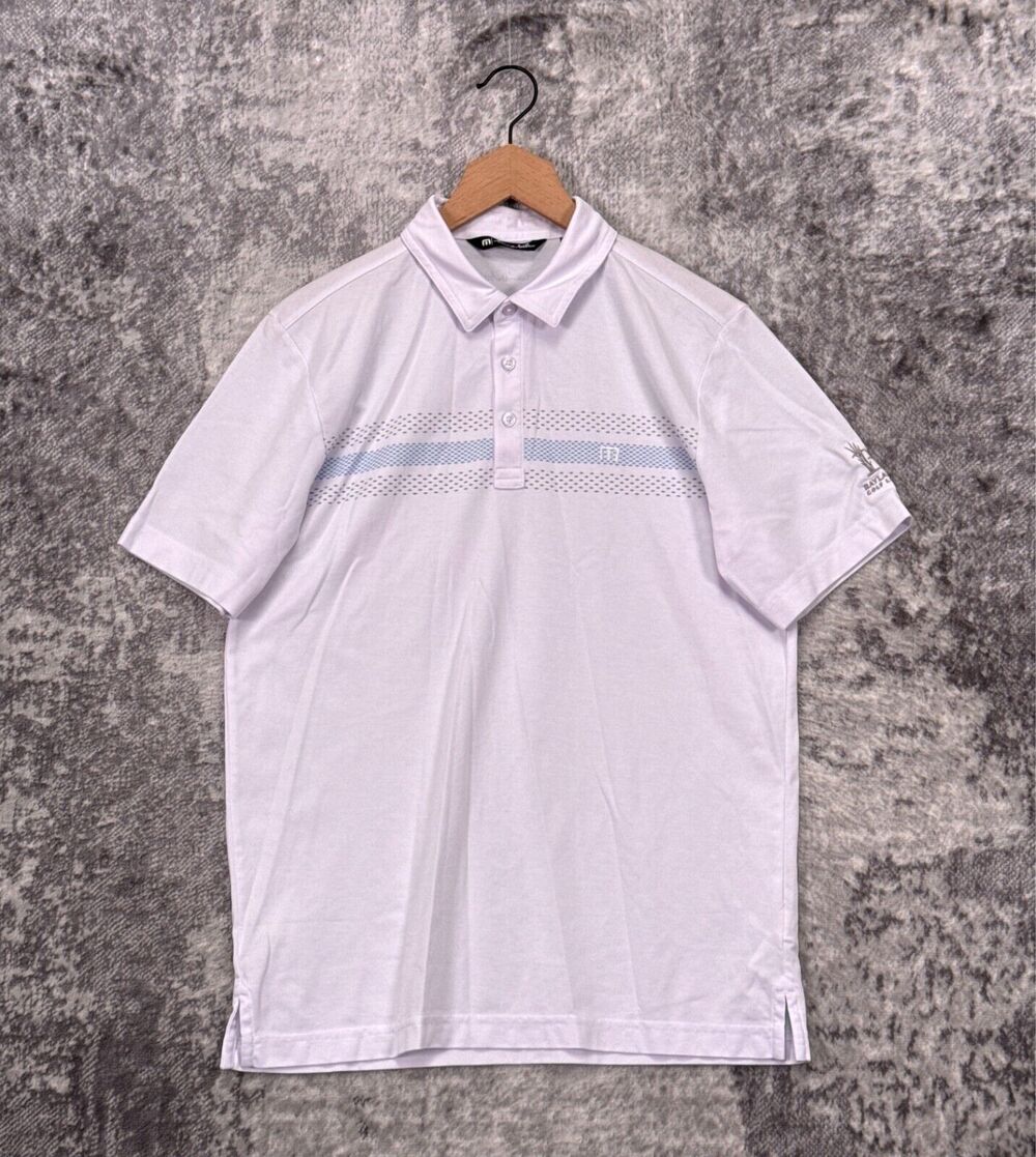 Travis Mathew Polo Shirt Medium Mens White Striped Short Sleeve Golf